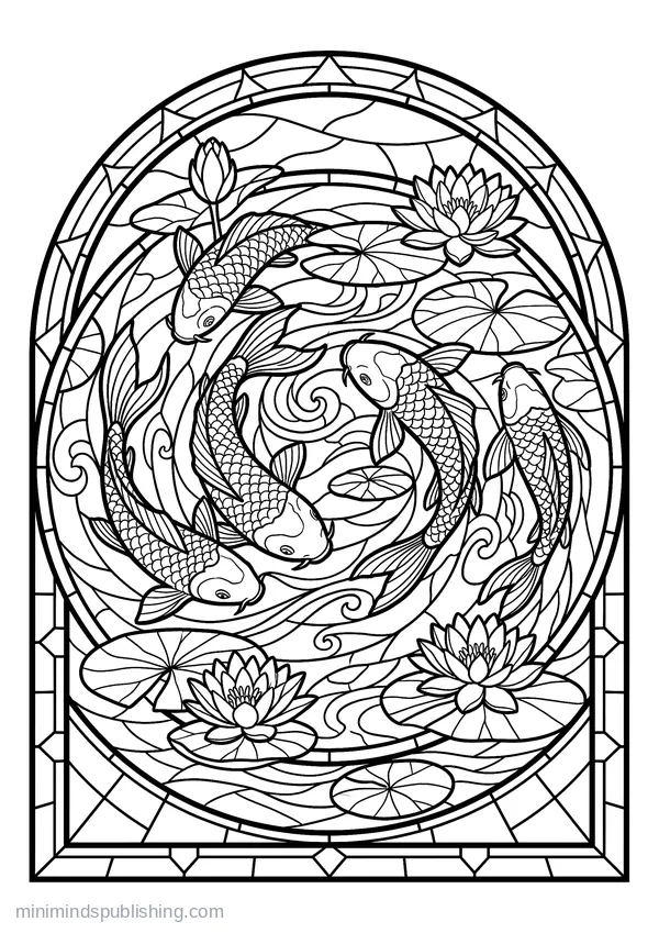 Koi Carp Circling in a Lily Pond — free printable coloring page