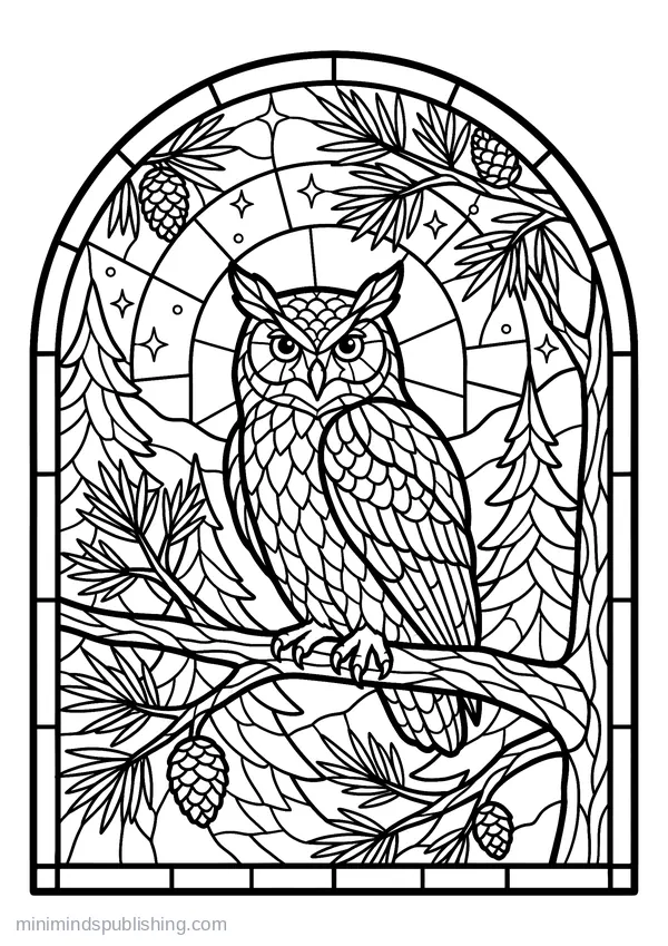 Owl Perched in a Pine Forest — free printable coloring page