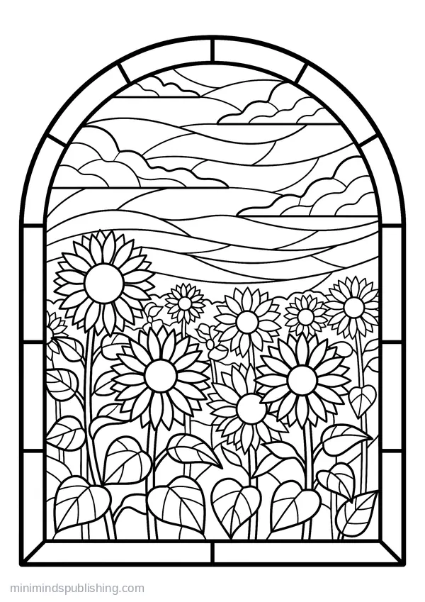 Field of Sunflowers Under a Wide Sky — free printable coloring page