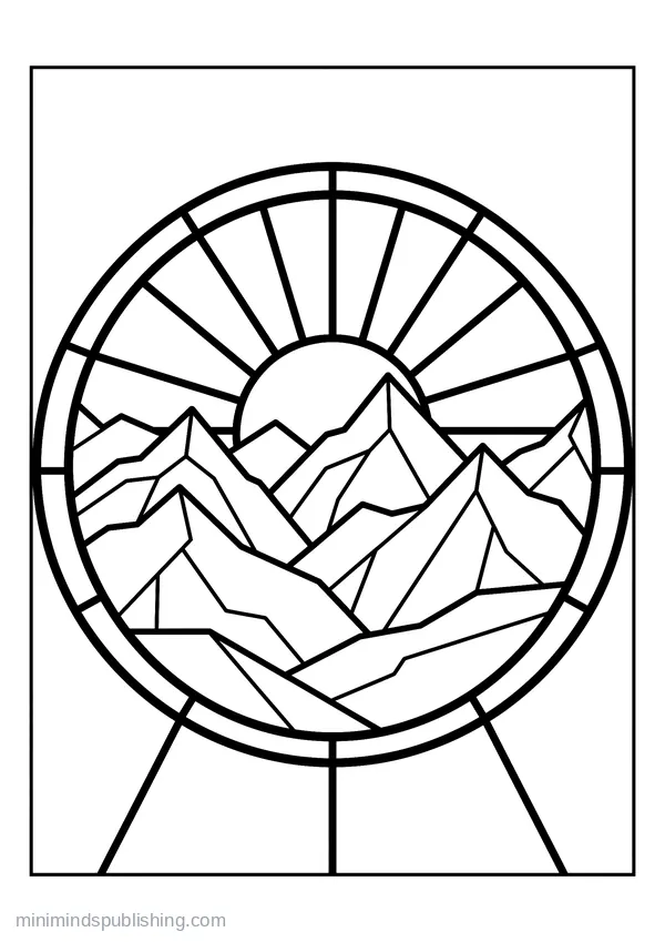Sunrise over Layered Mountains — free printable coloring page