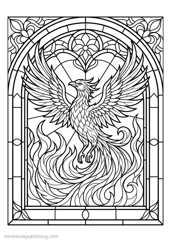 Phoenix Rising from Curling Flames — free printable coloring page
