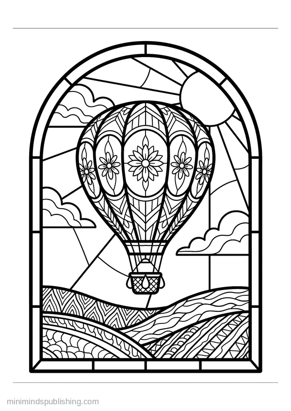 Hot Air Balloon Drifting over Rolling Hills — free printable coloring page