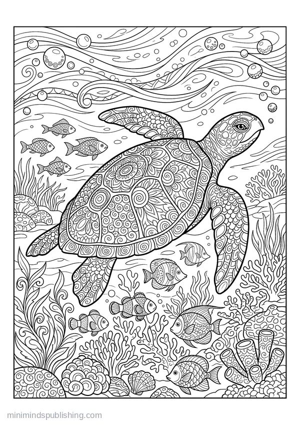 Sea Turtle with an Ornately Patterned Shell — free printable coloring page