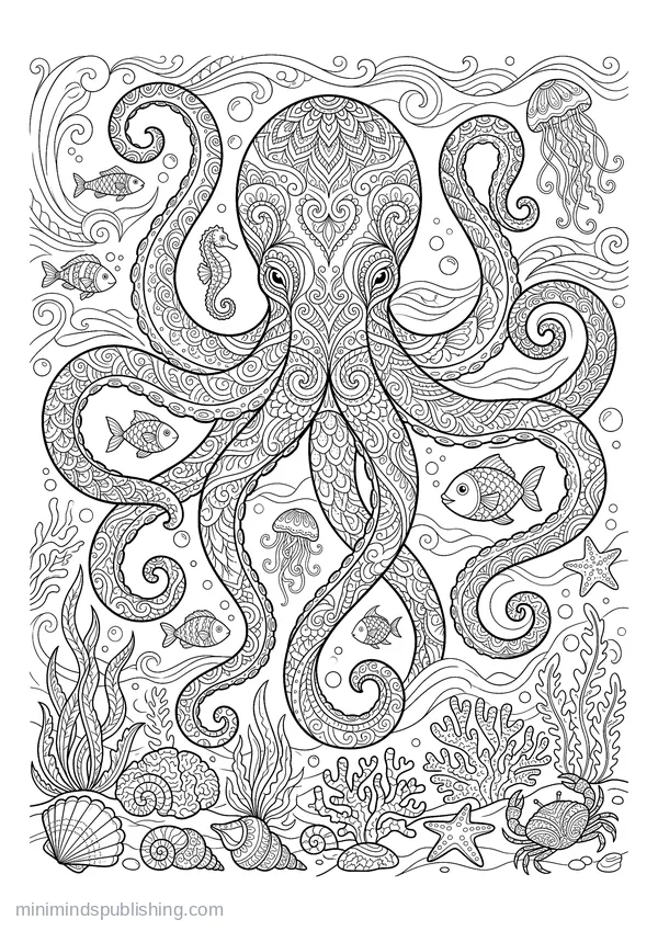 Octopus with Long Curling Patterned Arms — free printable coloring page