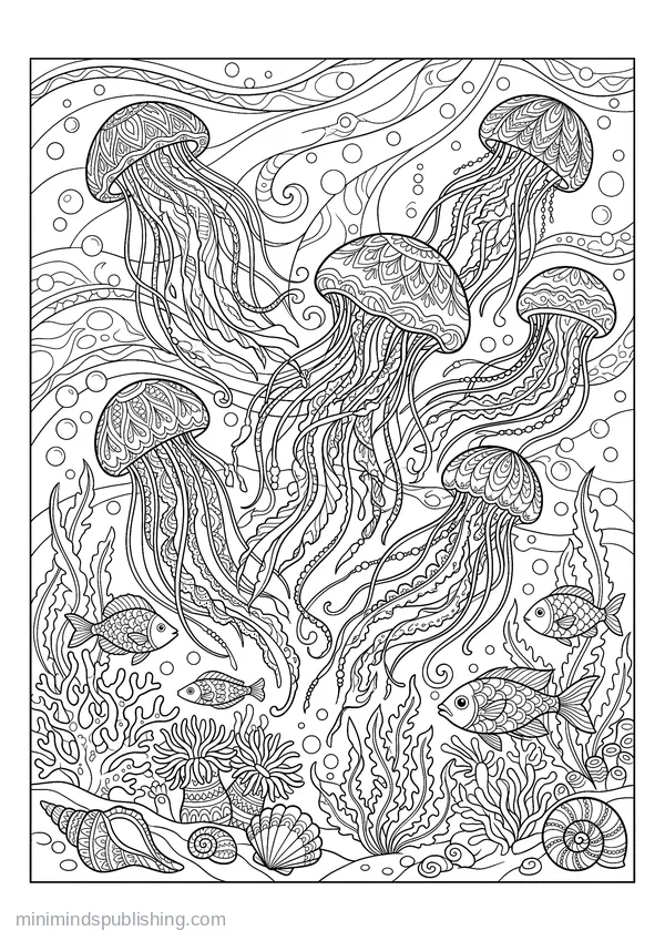 Bloom of Trailing Jellyfish — free printable coloring page