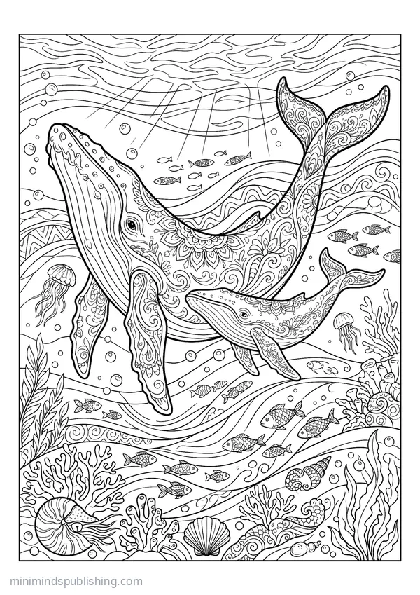 Humpback Whale Swimming with Her Calf — free printable coloring page