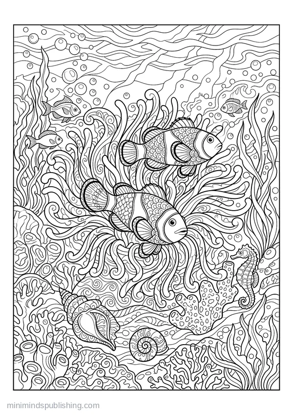 Clownfish Sheltering in a Sea Anemone — free printable coloring page