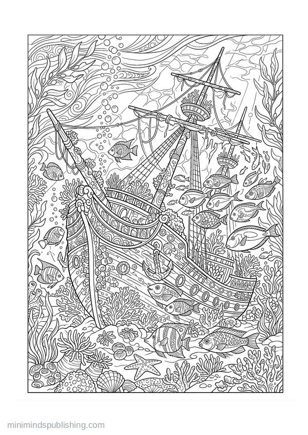 Sunken Shipwreck Colonised by Fish — free printable coloring page