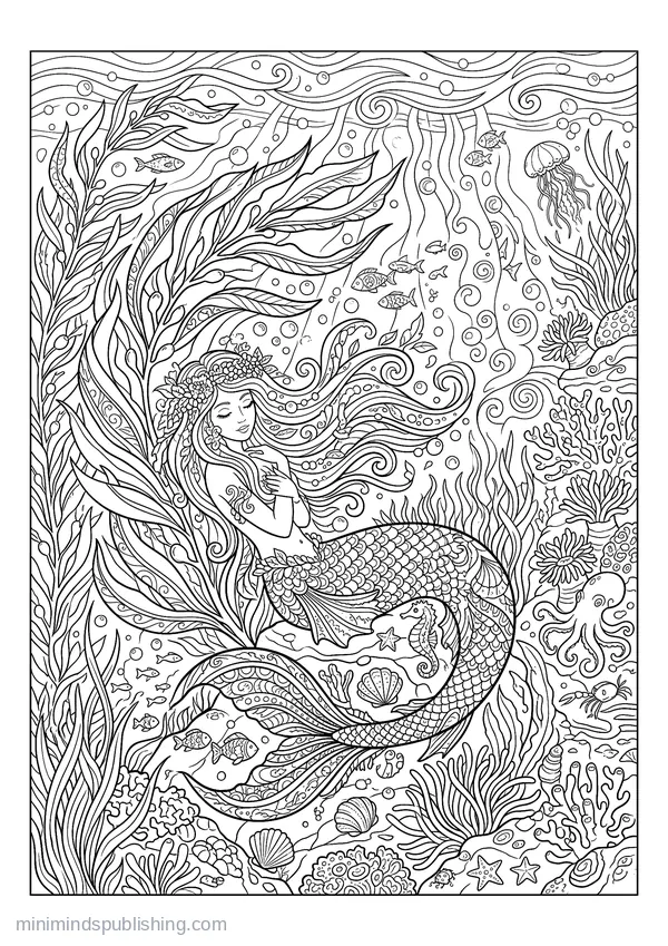 Mermaid Resting in a Kelp Forest — free printable coloring page