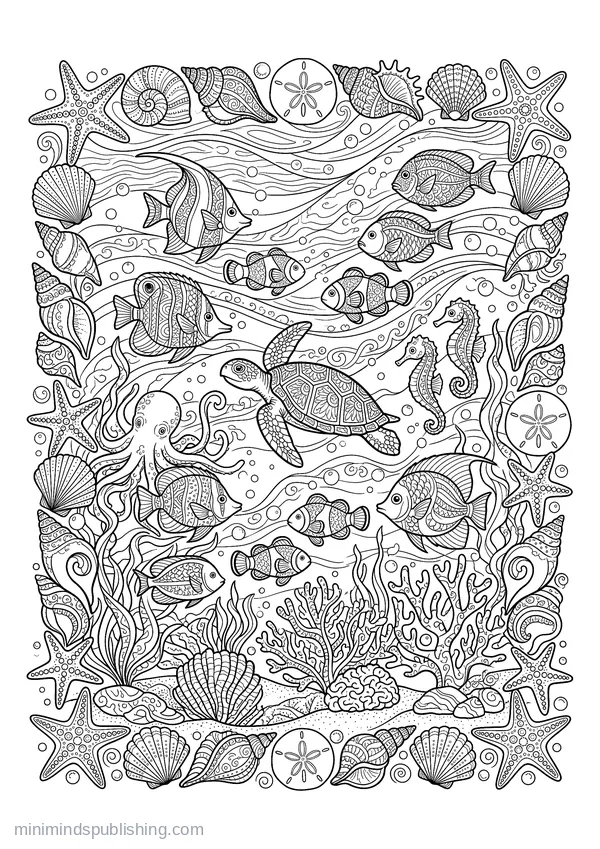 Border of Starfish, Shells and Sand Dollars — free printable coloring page