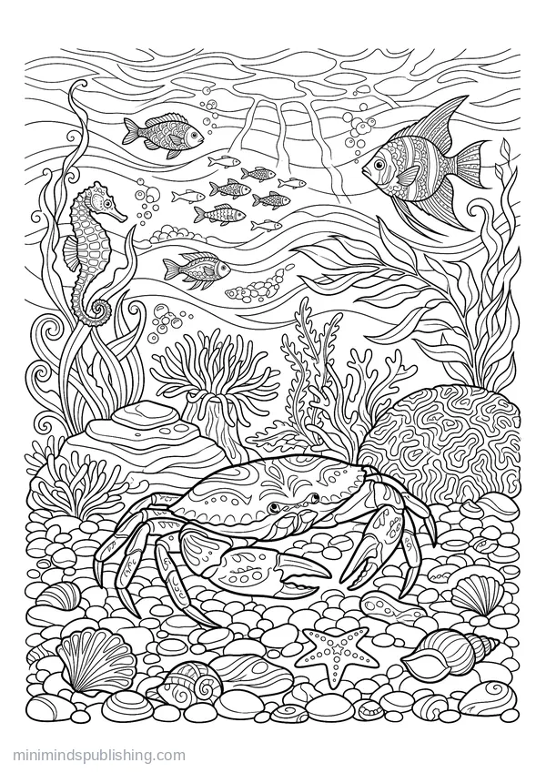 Crab Crossing a Seabed of Pebbles — free printable coloring page
