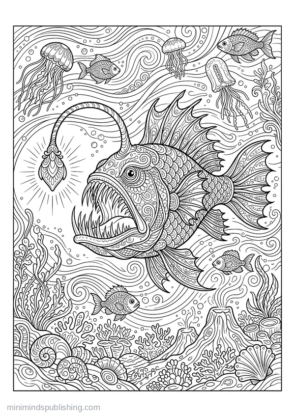 Deep Sea Anglerfish with a Glowing Lure โ free printable coloring page