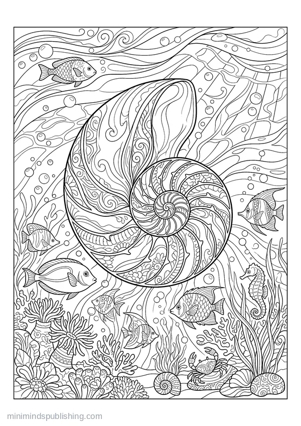 Nautilus Shell Cut to Show Its Spiral Chambers โ free printable coloring page