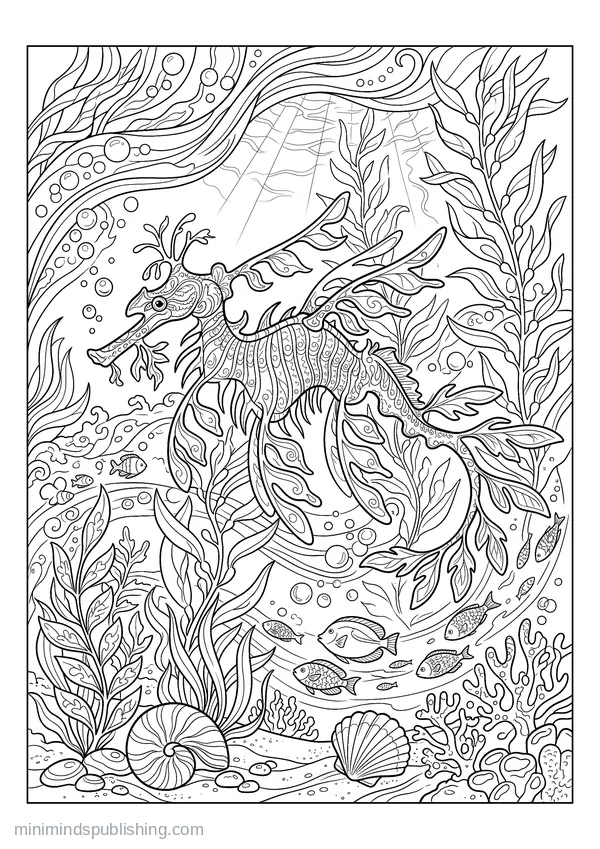 Leafy Sea Dragon among Fronds โ free printable coloring page