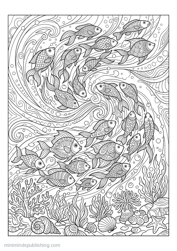 Swirling School of Tropical Fish โ free printable coloring page
