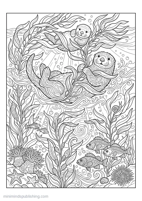 Sea Otters Floating in a Kelp Forest — free printable coloring page