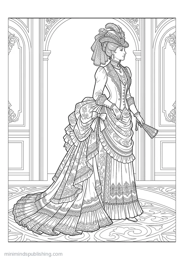 Victorian Bustle Gown with a Trained Skirt โ free printable coloring page