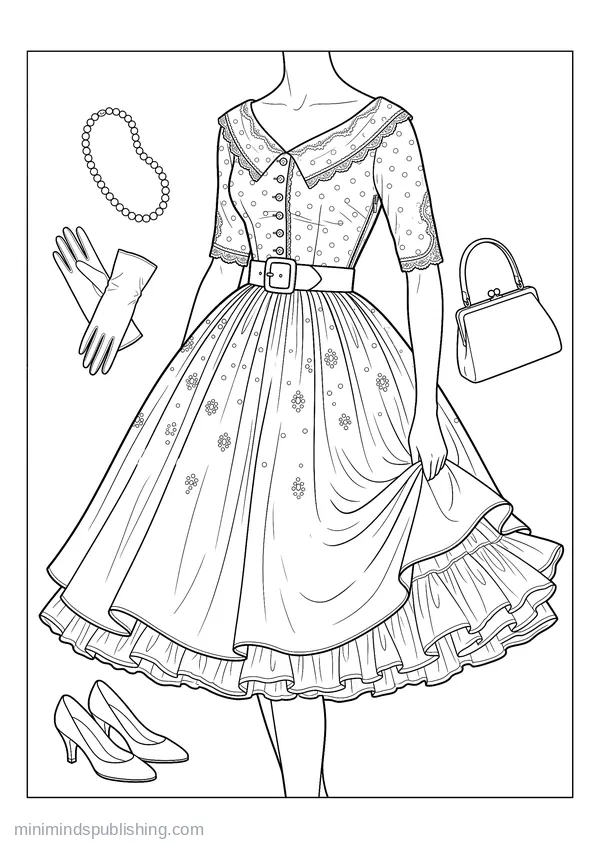 1950s Tea Dress over a Full Petticoat โ free printable coloring page