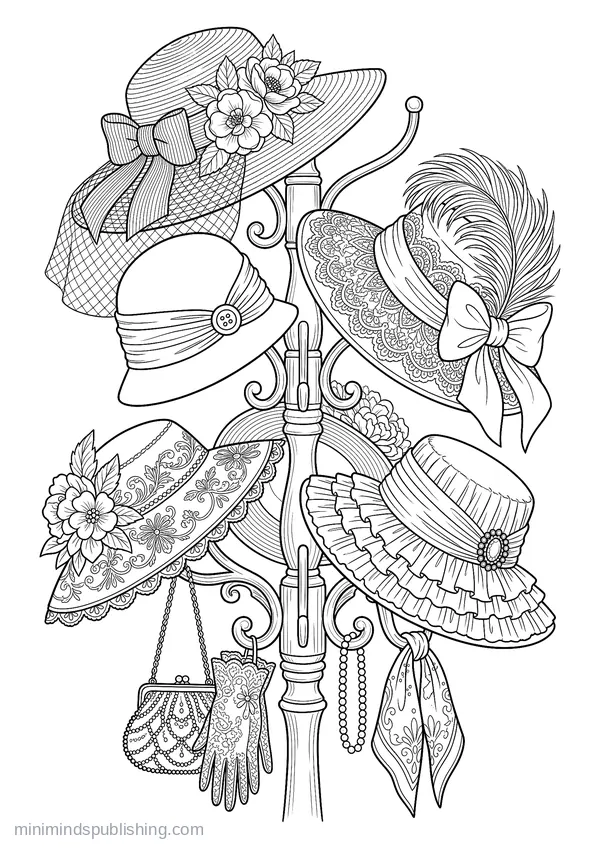 Hat Stand Crowded with Wide-brimmed Hats โ free printable coloring page