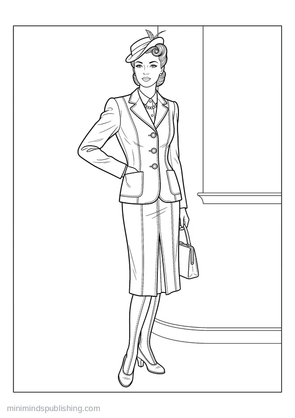 1940s Tailored Suit with Seamed Stockings โ free printable coloring page