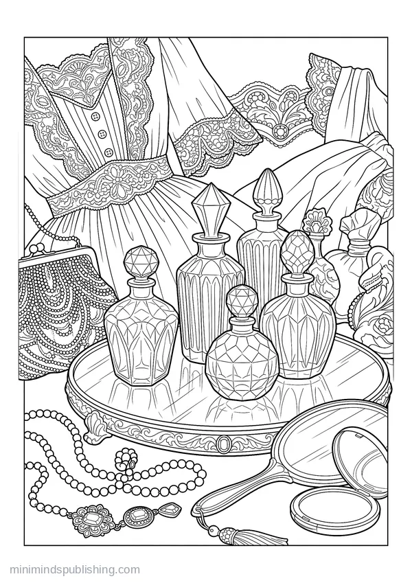 Cut-glass Perfume Bottles on a Mirrored Vanity — free printable coloring page