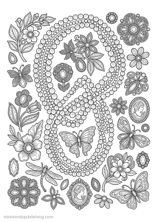 Pearl Necklace Laid among Brooches — free printable coloring page