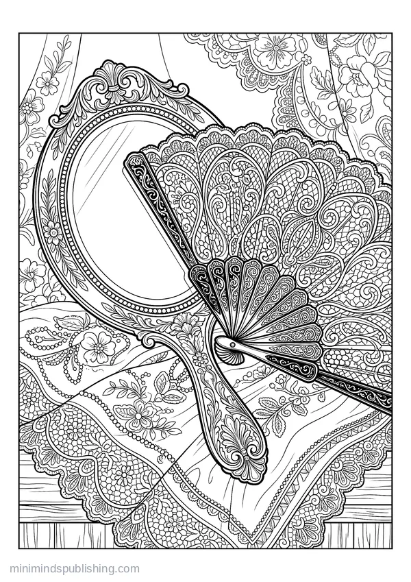 Lace Fan Resting Against a Hand Mirror — free printable coloring page