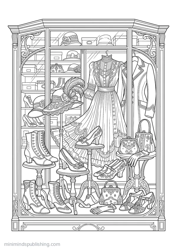 Boutique Window Display of Shoes on Stands — free printable coloring page