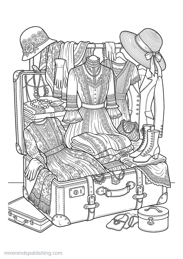 Open Travelling Trunk Packed with Clothes — free printable coloring page