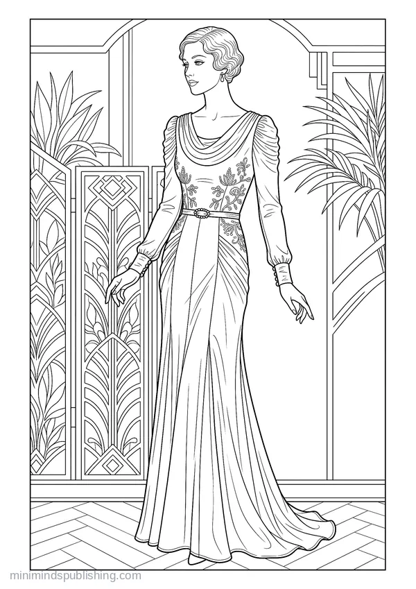 1930s Bias-cut Satin Gown — free printable coloring page