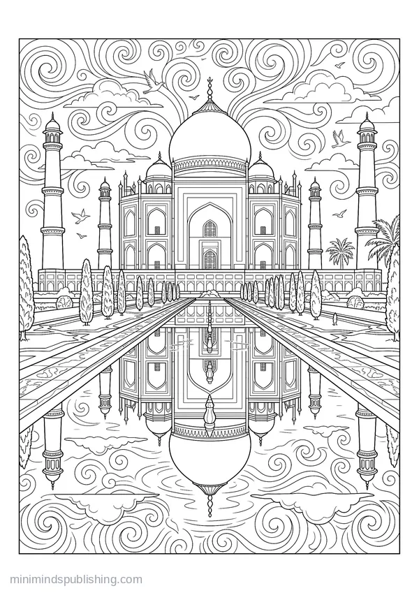 Taj Mahal Mirrored in Its Reflecting Pool — free printable coloring page