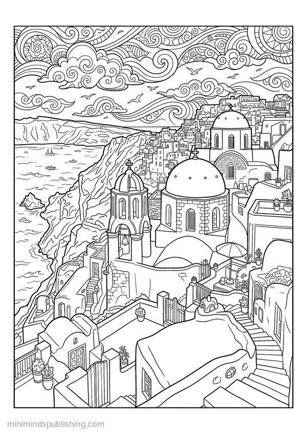 Whitewashed Cliffside Rooftops and Blue Domes of Santorini — free printable coloring page