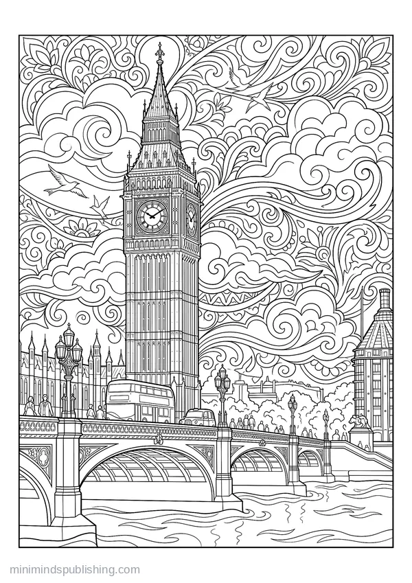 Big Ben above Westminster Bridge — free printable coloring page
