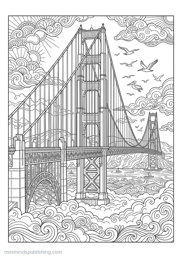 Golden Gate Bridge Rising out of Fog — free printable coloring page