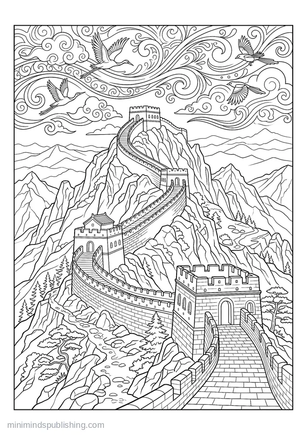 Great Wall of China Winding over Ridges — free printable coloring page