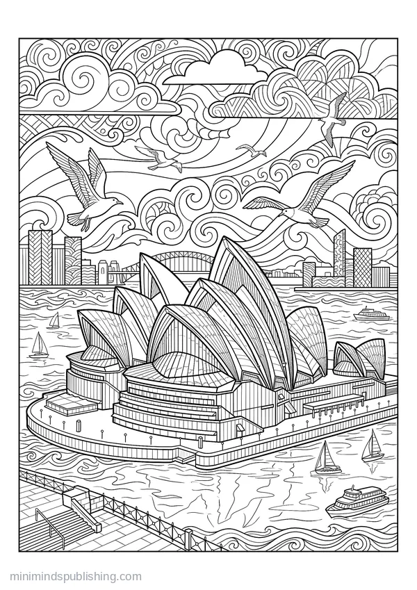 Sydney Opera House on Its Harbour Point — free printable coloring page