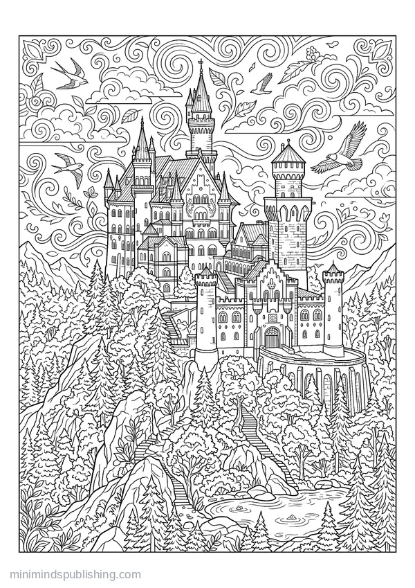 Fairy-tale Bavarian Castle on a Wooded Crag — free printable coloring page