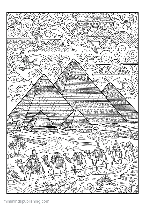 Pyramids of Giza with a Camel Caravan — free printable coloring page
