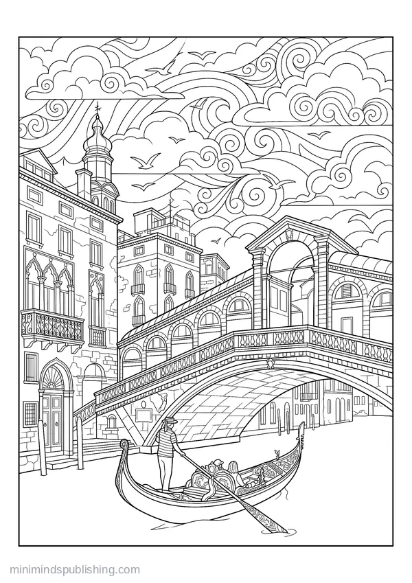 Venetian Canal with a Gondola and Bridge โ free printable coloring page