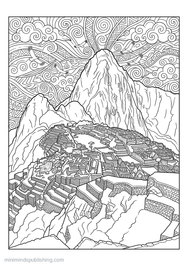 Terraces of Machu Picchu below a Peak โ free printable coloring page