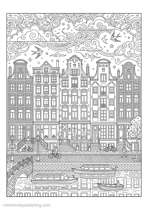 Row of Narrow Amsterdam Canal Houses โ free printable coloring page