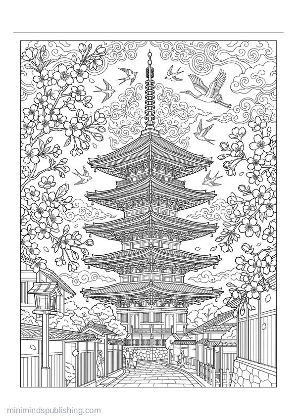 Kyoto Pagoda Framed by Cherry Blossom โ free printable coloring page