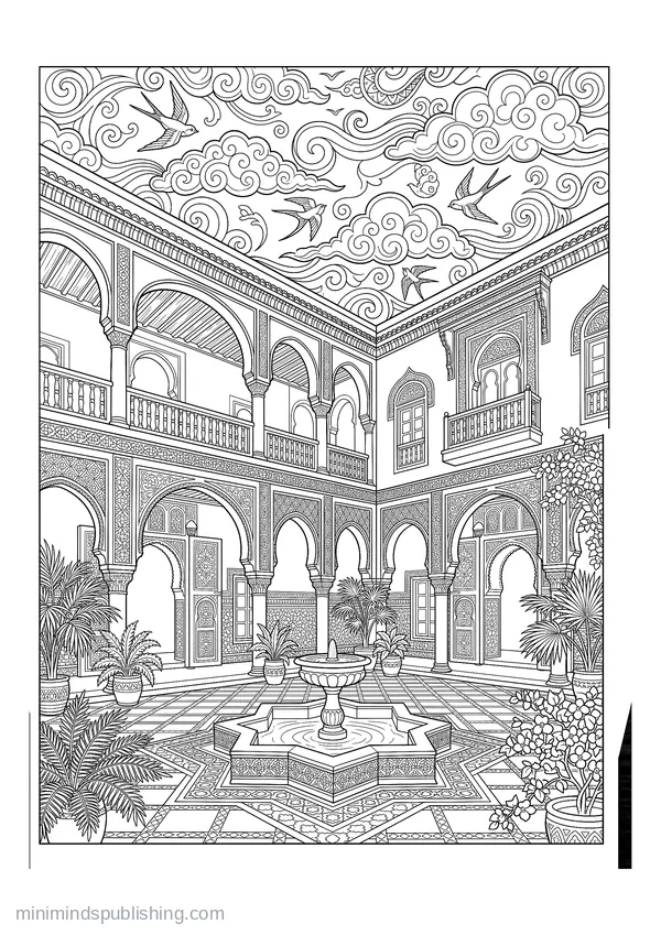 Moroccan Riad Courtyard with Tiled Arches and a Fountain โ free printable coloring page
