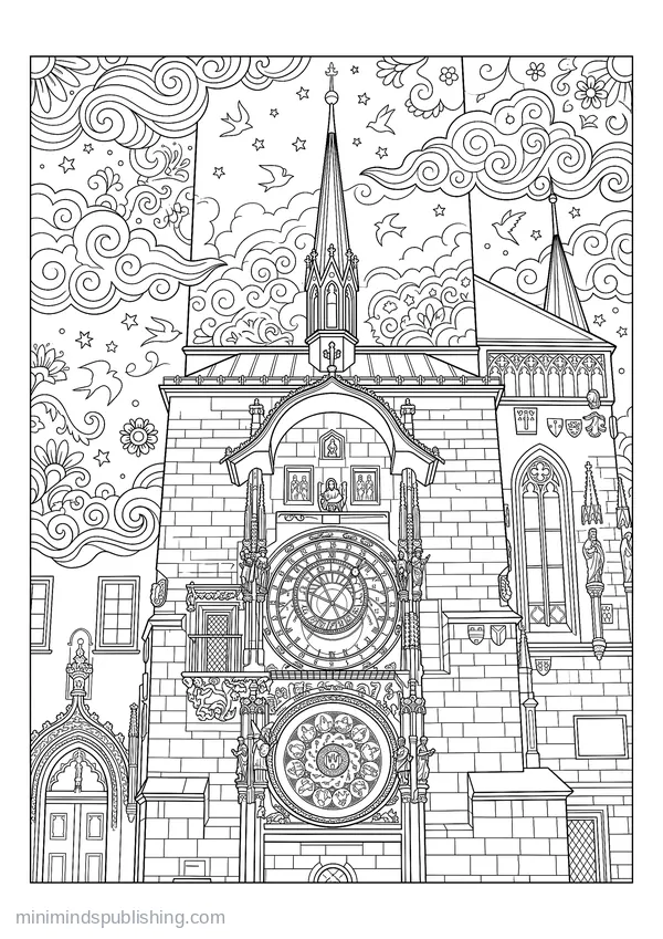 Astronomical Clock on the Prague Town Hall — free printable coloring page