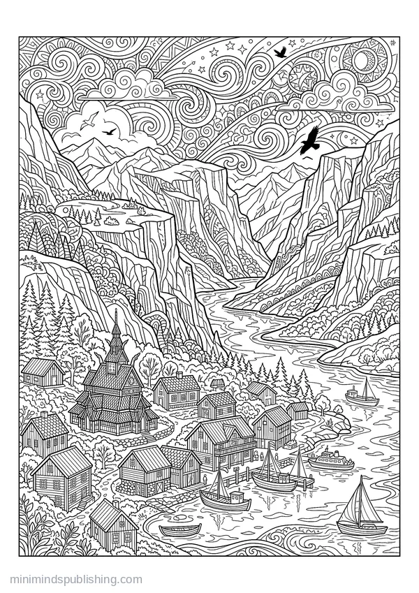 Norwegian Fjord Village beneath Steep Cliffs โ free printable coloring page