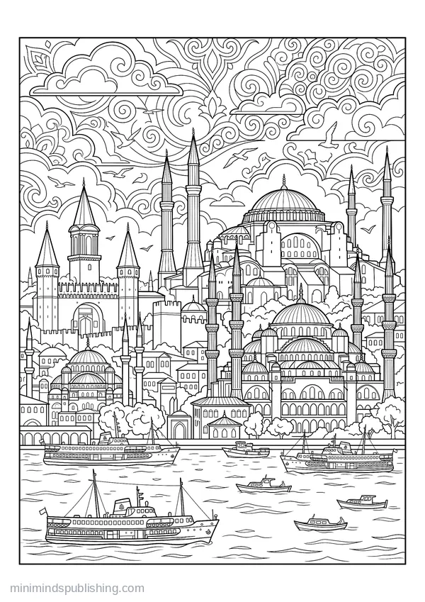 Istanbul Skyline of Domes and Minarets Across the Water โ free printable coloring page