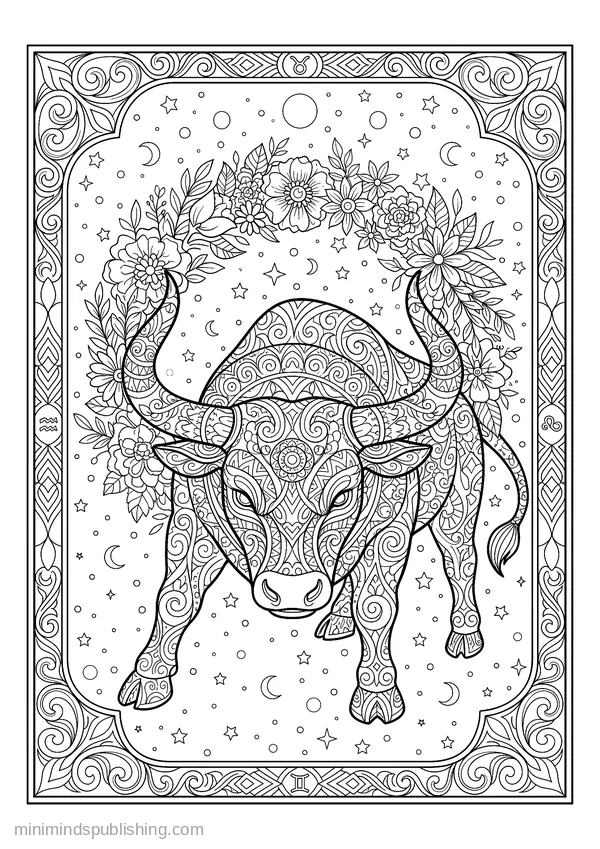 Taurus Bull, Head Lowered, Horns Wreathed in Flowers — free printable coloring page