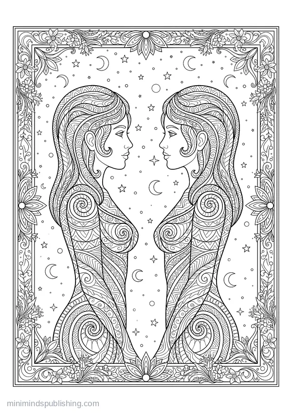 Gemini Twins Facing One Another in Mirror Symmetry — free printable coloring page