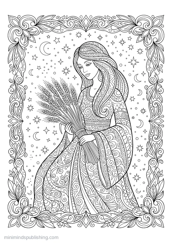 Virgo Maiden Holding a Sheaf of Wheat — free printable coloring page