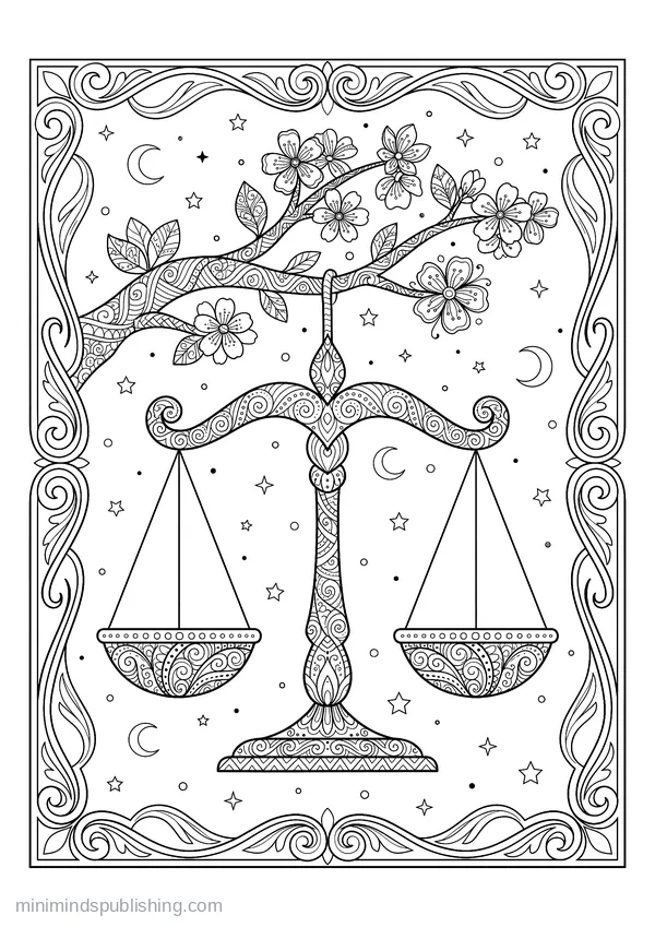 Libra Scales Hanging from a Flowering Branch — free printable coloring page